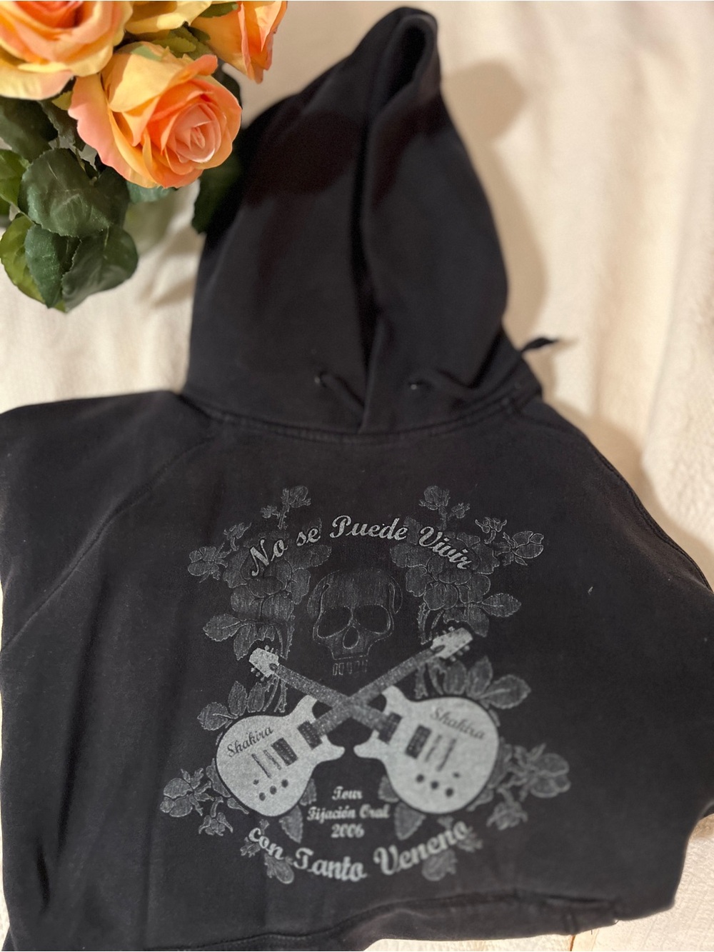 Vintage 2006 Shakira Black Graphic Hoodie with Skull & Guitars